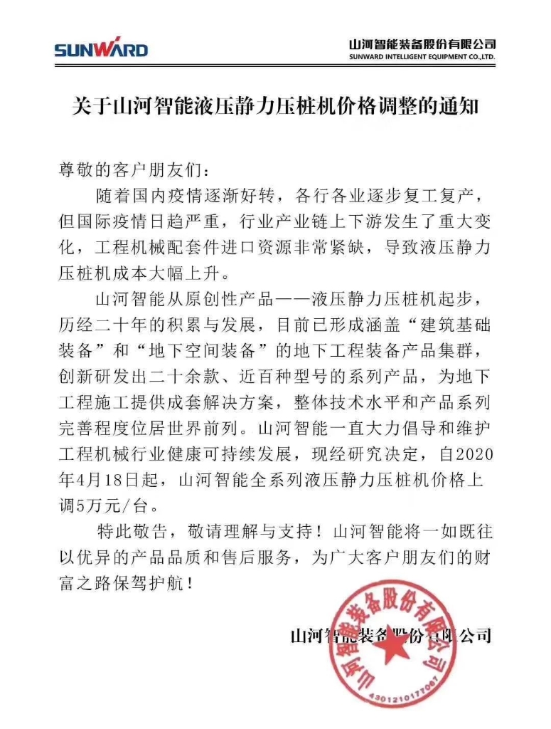 关于江南网页版智能液压静力压桩机价格调整的通知